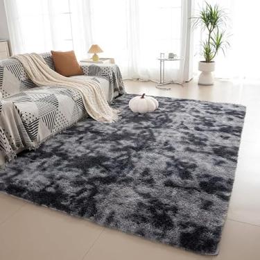 Imagem de chunsemeiju Tapete macio e fofo para quarto, tapetes grandes de 10 x 15 cm para sala de estar moderno e felpudo para decoração de casa (preto tingido)