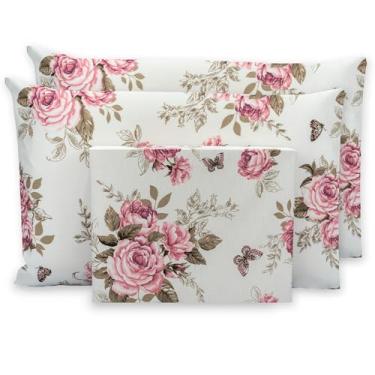 Imagem de JOGO DE LENÇOL QUEEN 3 PÇS COM ELÁSTICO ESTAMPADO 180 FIOS 40 CM (ROSEIRA)