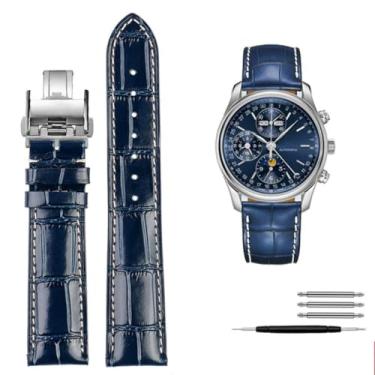 Imagem de waillynice Pulseira de relógio de couro genuíno para Longines L2 L3 L4 Masters Collection, pulseira de couro bovino de 19 mm, 20 mm, 21 mm (fecho dobrável azul)