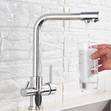 Imagem de Torneira de cozinha com filtro de níquel escovado, torneira de cozinha para água potável, montada no deck, alças duplas, misturador de água quente e fria de 3 vias, cromado