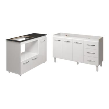 Imagem de Mobília Decor, Armário Cozinha Carine Gabinete de Pia 140 cm e Balcão Alana para Cooktop 4 Bocas e Forno ou Microondas Branco