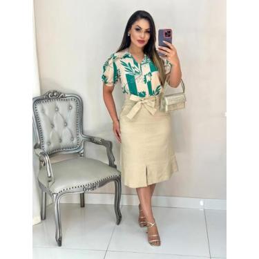Imagem de Saia Midi Evasê Bege Tecido Bengaline - Vilma Valentti - VilmaValentti