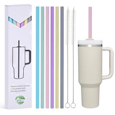 Imagem de Canudos coloridos reutilizáveis para copos Stanley 1,134 g / 850 g – Pacote com 6 canudos de plástico pastel de 30,5 cm + 2 escovas de limpeza – livre de BPA