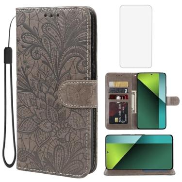 Imagem de Gufuwo Capa para Redmi Note 13 Pro 5G, capa carteira Poco X6 5G com protetor de tela de vidro temperado, flor de renda, couro PU, flip com suporte para cartão de crédito, capa para celular para Xiaomi