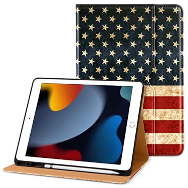Imagem de DTTO Capa para iPad 9ª/8ª/7ª geração de 10,2 polegadas 2021/2020/2019, capa de couro premium com suporte para Apple Pencil integrado - despertar/hibernar automático e vários ângulos de visualização, bandeira dos EUA