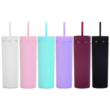 Imagem de Essasea Copos foscos com tampas e canudos. Copos finos de 473 ml a granel. Copos reutilizáveis de viagem com isolamento térmico. Copos de plástico acrílico pastel coloridos para smoothie de café gelado. Copos DIY.