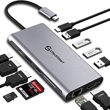 Imagem de Estação de ancoragem, USB C Hub UtechSmart 12 em 1 USB C Dock Display triplo com 2 x 4K @ 60Hz HDMI, Displayport, 100W PD, 4 portas USB, Ethernet RJ45, dados USB C, SD/TF para MacBook, Dell, HP,