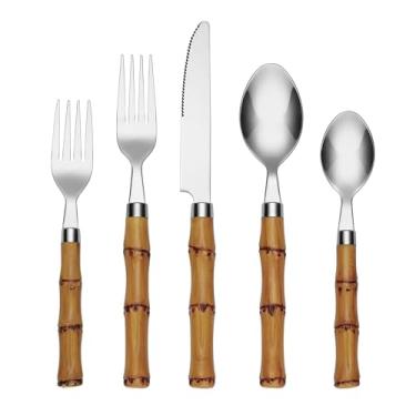 Imagem de Cambridge Silversmiths Conjunto de talheres de plástico de bambu com 20 peças, prata