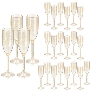 Imagem de XUWAIDSGN 24 peças taças de champanhe taças de vinho de plástico, taças de champanhe vintage, taças de bar de mimosa com haste 153 g para Natal, aniversário, casamento, noiva (24, glitter dourado