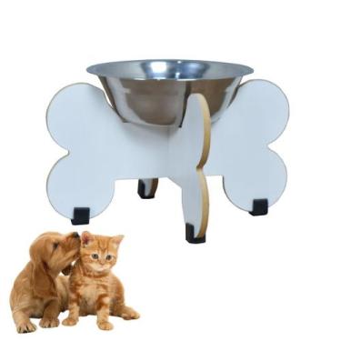 Imagem de Comedouro Elevado Pet Gato Cachorro MDF Modelo Osso 15 cm - Inox - Mad