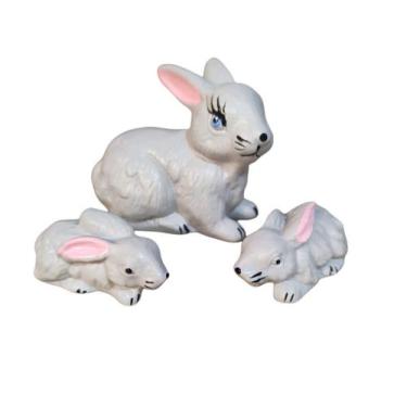 Imagem de Familia de Coelho Miniatura de Porcelana cor Cinza Claro - Hp Decor