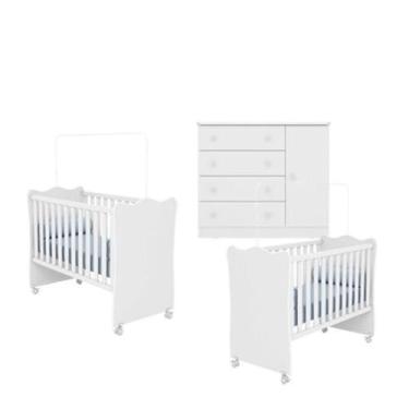 Imagem de Quarto de Bebê Berço Gemeos c/ Rodízios e Cômoda Doce Sonho Branco Qmo