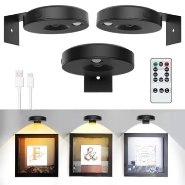 Imagem de Pacote com 3 luzes de LED para parede, bateria recarregável, moldura de luz, com controle remoto magnético sem fio, luz de exibição de arte regulável e temporizador, arandela de parede para pintura,