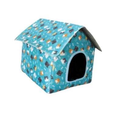 Imagem de Gralara Stray Cat Shelter Quente Feral Pet Cave Portátil Removível À Prova de Vento Dobrável Quatro Estações Tenda para Gatos Casa para Gatos ao Ar Livre, Azul