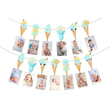 Imagem de Cheereveal Faixa fotográfica de 1º aniversário de sorvete de recém-nascido a 12 meses, fotografia de marco mensal azul guirlanda doce de verão, sorvete doce decoração de festa de aniversário
