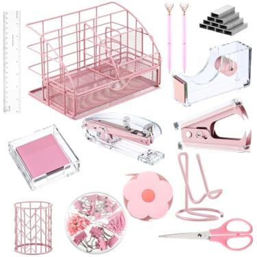 Imagem de O kit de 14 acessórios de mesa inclui grampeador, removedor de grampos, suporte de caneta, caixa de notas, organizador de malha de metal, suporte de telefone, grampos, tesouras, clipes de fichário, fita métrica, 2 canetas, régua (rosa)