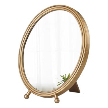 Imagem de Sintosin Espelho oval dourado vintage para mesa 20 x 28 cm, espelho de maquiagem com moldura de metal rústico, espelho de maquiagem decorativo com suporte para quarto, espelho de penteadeira de mesa