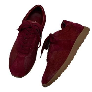 Imagem de Sapatos casuais femininos minimalistas e modernos de couro bovino e crina de cavalo vintage tênis feminino para treinamento feminino, Borgonha, 38