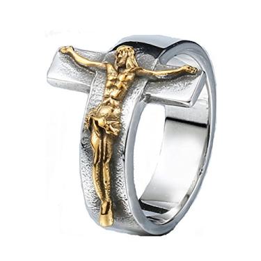 Imagem de JAJAFOOK Anel de crucifixo masculino vintage de aço inoxidável com cruz de Jesus, ouro prateado, Aço inoxidável, ouro 18k, titânio, ouro, prata, couro