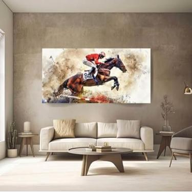 Imagem de Quadros Decorativos para Quarto Hall Hipismo Esporte Cavalo Saltando Escritório Sala Luxo (90x60)