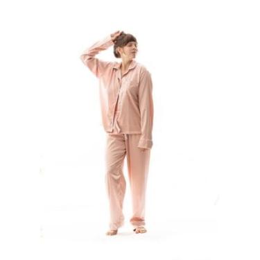 Imagem de Pijama Feminino de Cetim Glam de Seda Rosa com Elastano Modelo Americano Luxo-Feminino