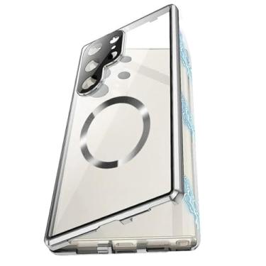 Imagem de POYUFRG Capa magnética para Samsung Galaxy S25 Ultra/S25 Plus/S25, capa traseira transparente de vidro temperado, prata, S25