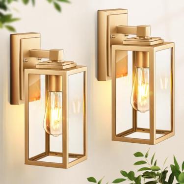 Imagem de VIANIS Luzes De Parede Externas Douradas, Pacote Com 2 Luzes De Varanda Externas À Prova D'Água, Luzes De Varanda Externas Antiferrugem, Luminária Externa Para Casa, Garagem, Porta, Jardim, Vidro Te