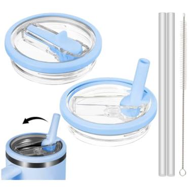 Imagem de 2 peças de tampa flip à prova de vazamento de canudo de 1,134 g para Stanley H2.0 Quencher, substituição de tampa Stanley 1,134 g para Stanley Cup Accessories ProTour, 2 canudos reutilizáveis e 1