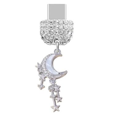 Imagem de ELISE & FONDA TP534 Tipo-C porta de carregamento cristal antipoeira pingente de celular lua pequena e estrelas para iPhone 15/16/Samsung/OnePlus/Xiaomi/oppo telefones Android (branco), approx. 1.9 cm