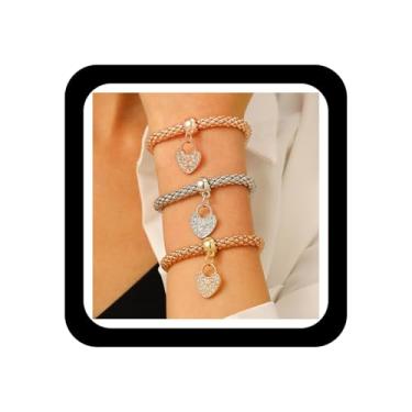 Imagem de Zeshimb 3 pulseiras de coração de strass empilháveis corrente de pipoca pulseira elástica multicamadas amuletos coração amor pulseira elástica ajustável corrente de milho pulseira de mão para