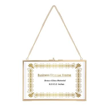 Imagem de JUXYES Moldura de exibição de certificado de licença comercial de latão para pendurar na parede, moldura flutuante de vidro duplo, moldura dourada de 14 x 21 cm