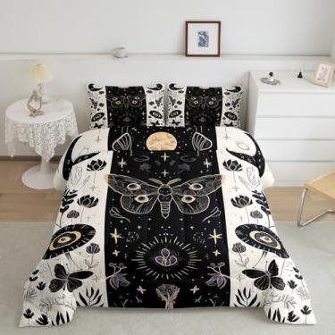 Imagem de Feelyou Conjunto de edredom boêmio com estampa floral e lua e estrela, para meninos e meninas, adolescentes, boêmio, borboleta, respirável, hippie, preto e branco