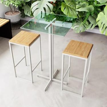 Imagem de Conjunto Mesa Alta Bar Bistrô Quadrada Vidro 2 Bancos Pinus Industrial White