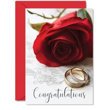 Imagem de Cartão de casamento para mulheres e homens - anéis de ouro rosa vermelha - cartões de noivado de casamento de parabéns para mãe, pai, irmão, irmã, filho, filha, cartões de felicitações A5