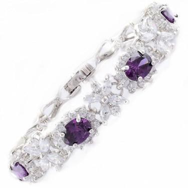 Imagem de RIZILIA Pulseira de tênis BLOSSOM com corte oval CZ [4 cores disponíveis] em banhado a ouro branco, 17,78 cm, 7 inches, ametista sintética