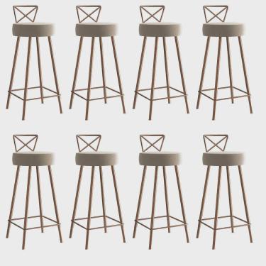 Imagem de Kit 08 Banqueta Alta Com Encosto Tânia Eiffel Cozinha Bar Bistrô Ferro Bronze Sintético Bege - Ahz Móveis