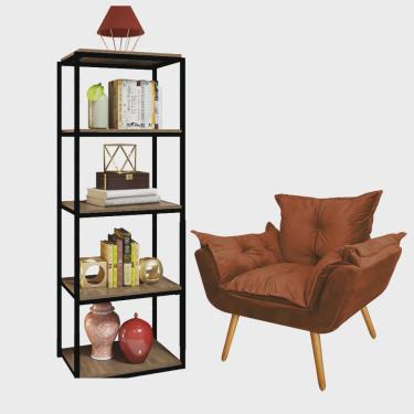 Imagem de Kit Poltrona Fatte com Estante Livreiro Ferro Preto mdf Castanho Suede Terracota - Ahazzo Móveis