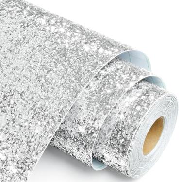 Imagem de STICKEEP Papel de parede com glitter prateado para paredes com detalhes de quarto, papel de contato com glitter prateado grosso, autoadesivo, removível, brilhante, para armários, gavetas, quarto