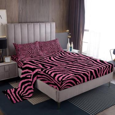 Imagem de Jogo de lençol Queen com estampa de zebra, pele de animal selvagem, decoração de quarto de adultos, listras de zebra, rosa, lençol com elástico, 2 fronhas