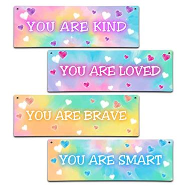 Imagem de ISOVF 4 peças decoração tie dye quarto infantil decoração de parede placa de madeira - arte de parede motivacional para quarto de crianças berçário sala de jogos sala de aula - You Are Loved You Are Brave You Are Kind You Are Smart (placa-04)