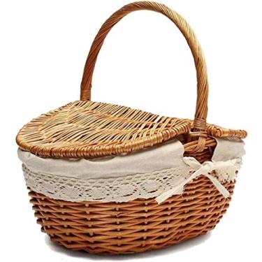 Imagem de Cesta de vime feita à mão com alça, cesta de piquenique de acampamento de vime com tampas duplas, cesto de armazenamento de compras com forro de pano-P