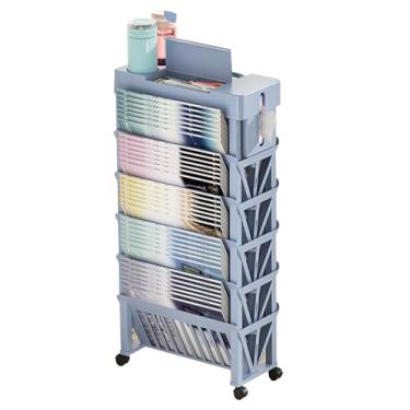 Imagem de FTOQWZXV Carrinho de rodinhas para livros, estante sobre rodas, economia de espaço, pasta de arquivos, armazenamento de revistas com suporte de caneta, para estudo em casa, escritório, sala de estar