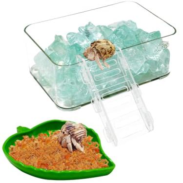 Imagem de La La Pet Tanque de água de caranguejo eremita acrílico e tigela de comida em forma de folha, banheira transparente com escada de escalada e pedras, evitando afogamento, piscinas empilháveis para água