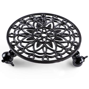 Imagem de Skelang Suporte de planta de ferro fundido de 29 cm, rodízios de plantador com roda de bloqueio, suporte de paletes de plantas, carrinho de vaso de plantas, bandeja de rolamento, pires de vaso de