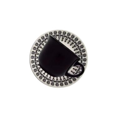 Imagem de 1 Conjunto com 6 Xícaras de Chá Reta com Pires 14 Cm Biona Donna Folk Marfim/Preto 200 Ml