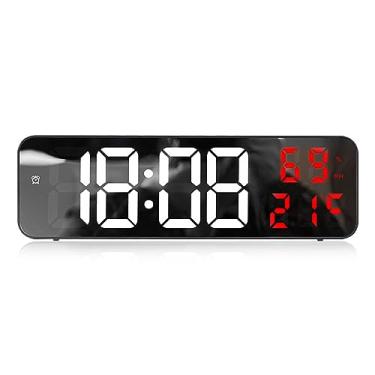 Imagem de Relógio digital LED de 22,88 cm, espelho digital, relógio de parede grande com visor de data de temperatura, 3 ajustes de brilho, despertador LED alimentado por bateria para escritório em casa, sem
