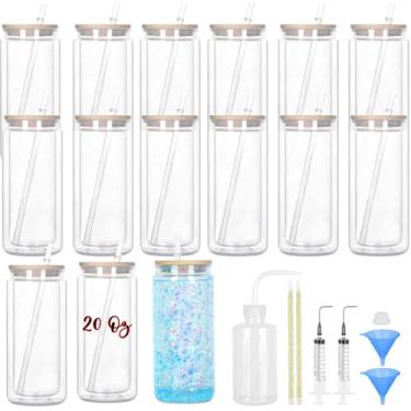 Imagem de Maucircol Pacote com 15 copos de globo de neve de acrílico, 590 ml, globo de neve de parede dupla pré-perfurado com kit de suprimentos de tampa de bambu, kit faça você mesmo para globo de neve de