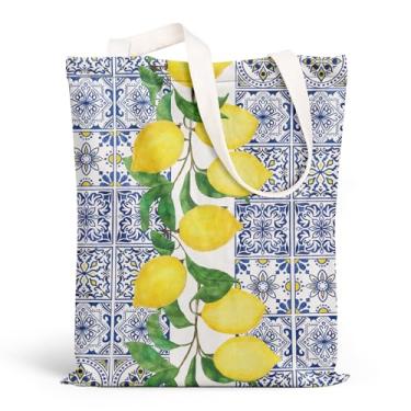 Imagem de FYSUIMU Bolsa de lona de limão azul com azulejos florais limão reutilizável sacola chinoiserie frutas mercearia sacolas de compras para verão mulheres professoras viagens, Azul, amarelo., 13.8 x 15.8