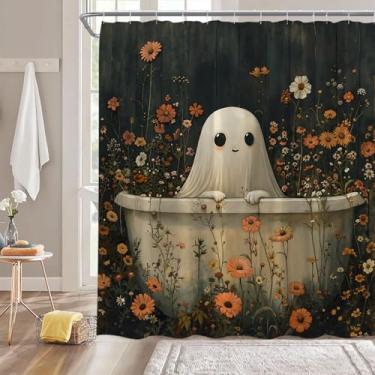 Imagem de Cortina de chuveiro fantasma de Halloween, fantasma fofo na banheira, flores laranjas, vintage, porta de celeiro, engraçada, tecido Happy Halloween, decoração de banheiro, cortina com ganchos, 177 x