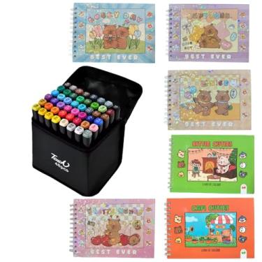 Imagem de Kit Caneta Touch Ponta Dupla Estojo 48 Cores + Caderno